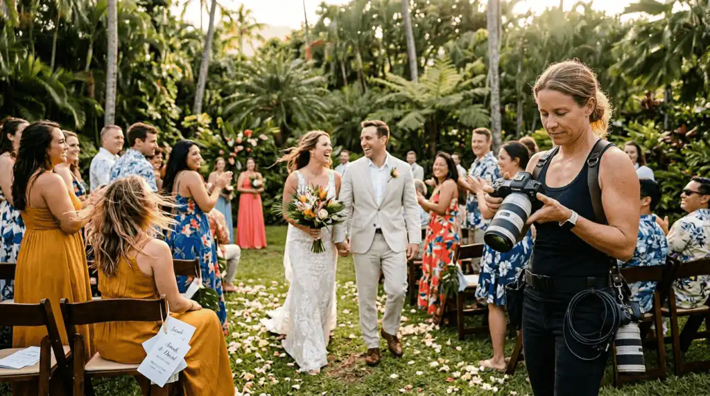 Photographer preparing for outdoor Oahu wedding ceremony