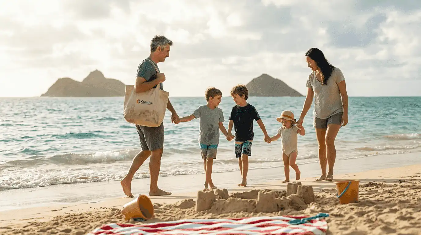 Family walking along Oahu beach at sunrise