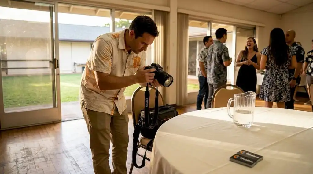 Candid event photographer prepping camera at Oahu gathering