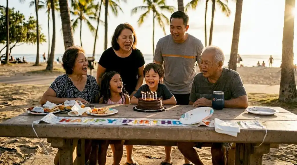 Family celebrating birthday outdoors on Oahu