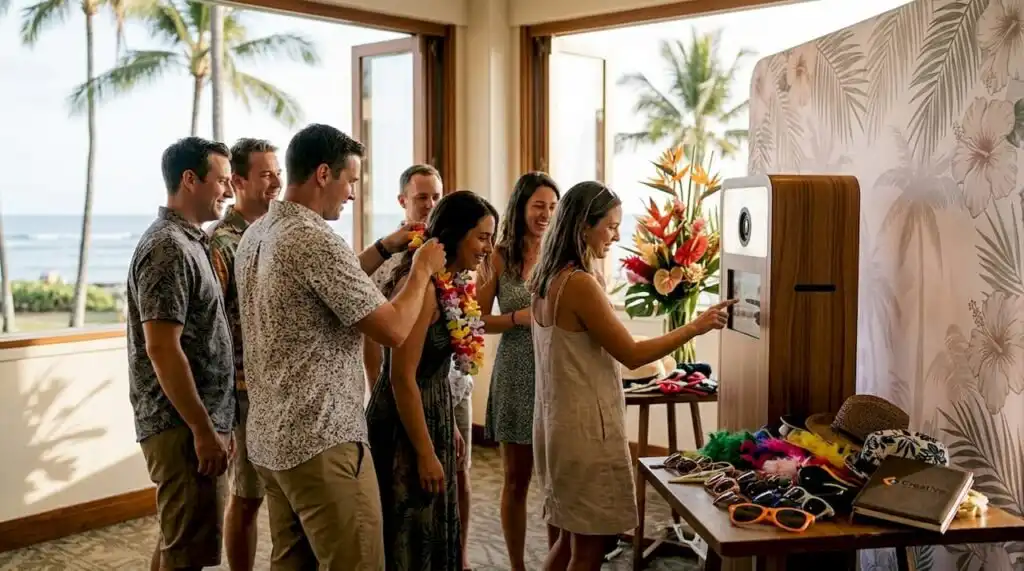 Guests using photobooth at Oahu event