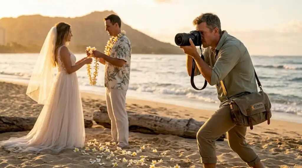 Photographer capturing couple at Hawaii beach wedding