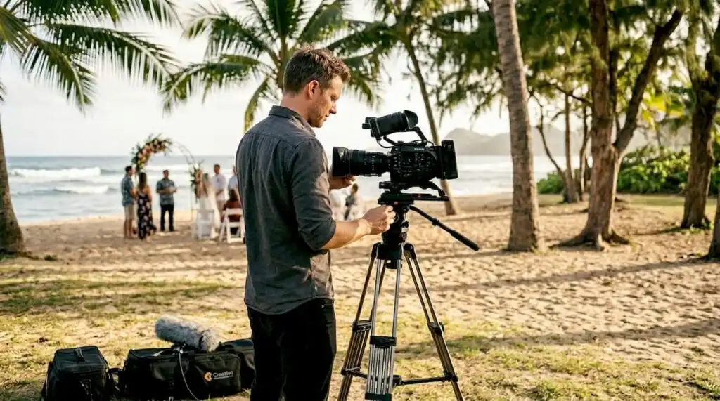 Videographer filming wedding at Oahu park