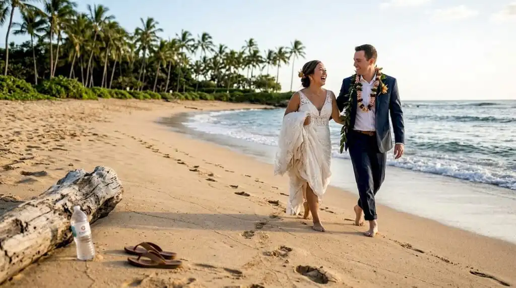 Newlyweds walking on Oahu beach laughing