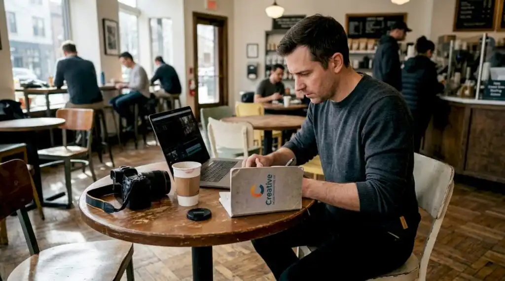 Event videographer planning workflow at café