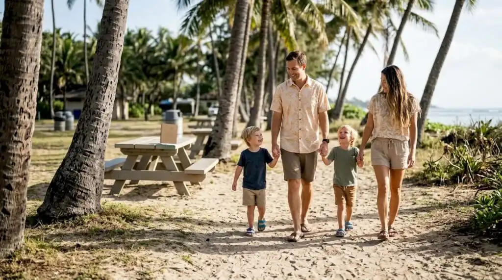 Oahu family walking by beach park