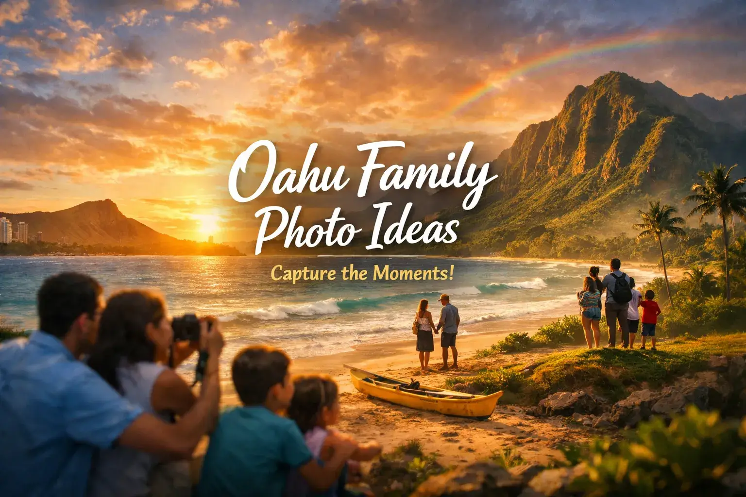 Family enjoying outdoor photo session at an event in Oahu, Hawaii