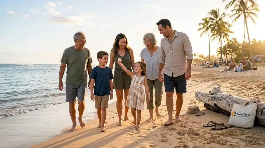 Family walking on Oahu beach during photo session