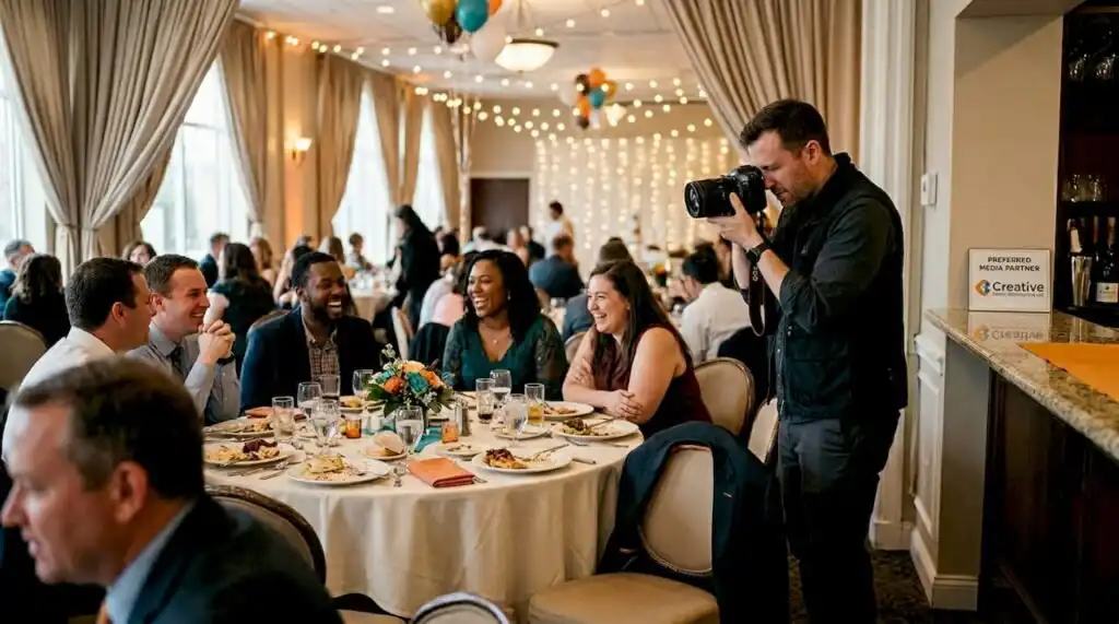 Event photographer capturing candid guests indoors