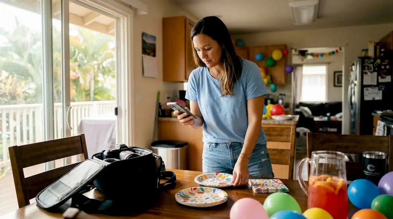 Mother preparing birthday party setting