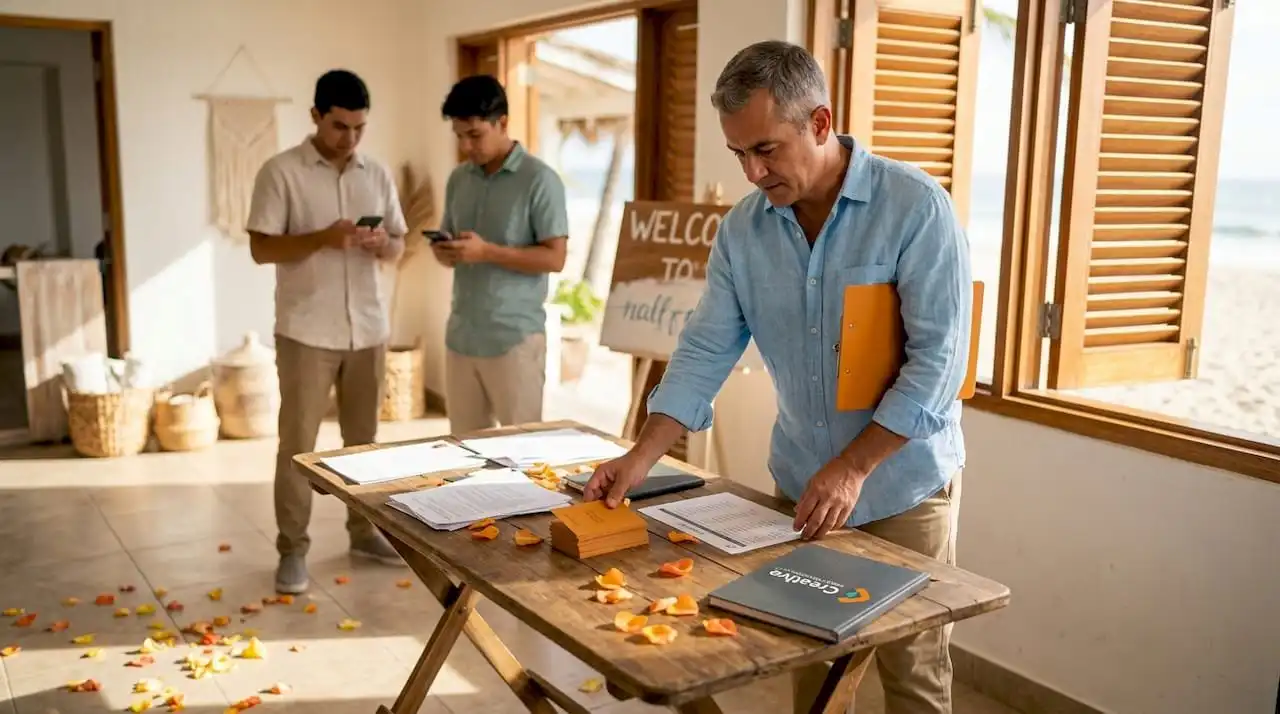 Oahu event planner reviewing schedule by window