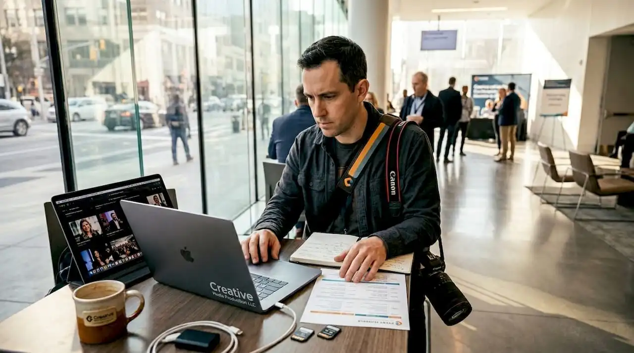 Photographer reviewing event photos in conference lounge