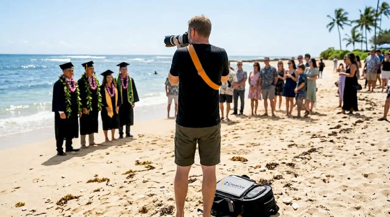 Photographer documenting Oahu graduation ceremony outdoors