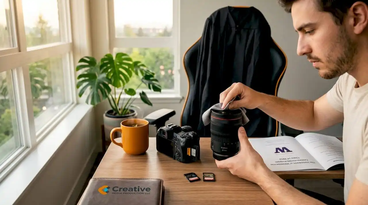 Graduate preparing camera gear at home table