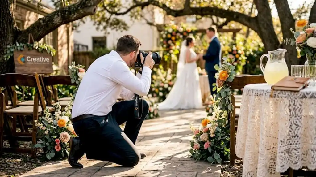 Photographer capturing candid wedding moment outdoors