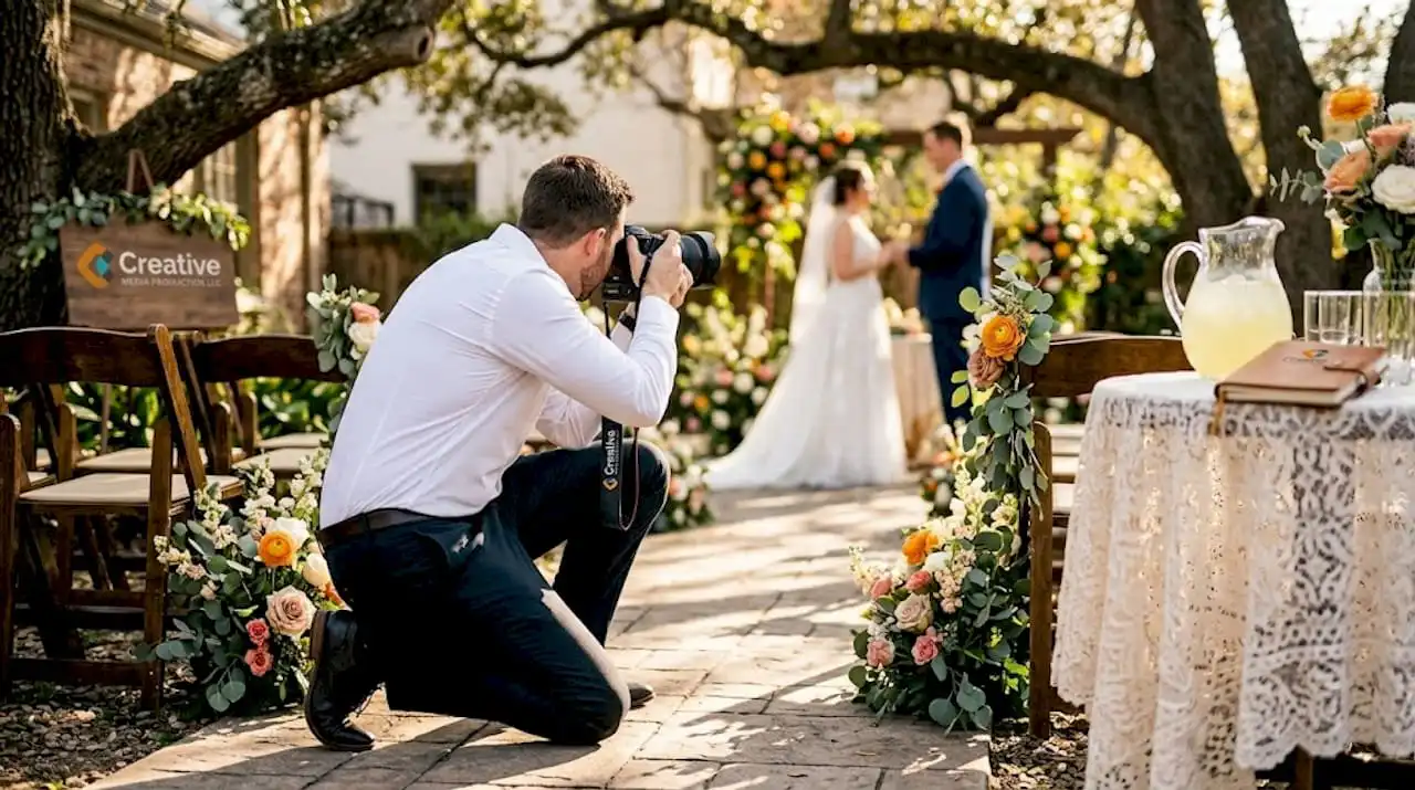 Photographer capturing candid wedding moment outdoors