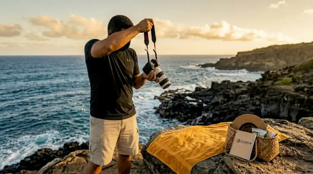 Photographer preparing camera at Oahu event venue